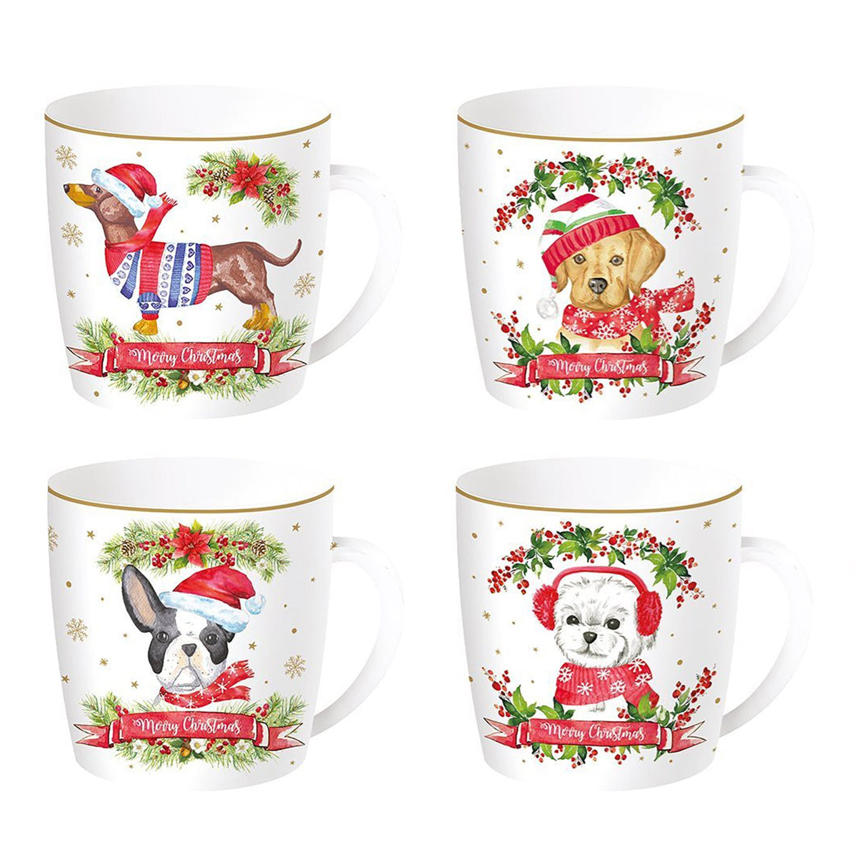 CHRISTMAS DOGS KRŪZE 350ML METĀLA KĀRBĀ, 4 VEIDI, PORCELĀNS