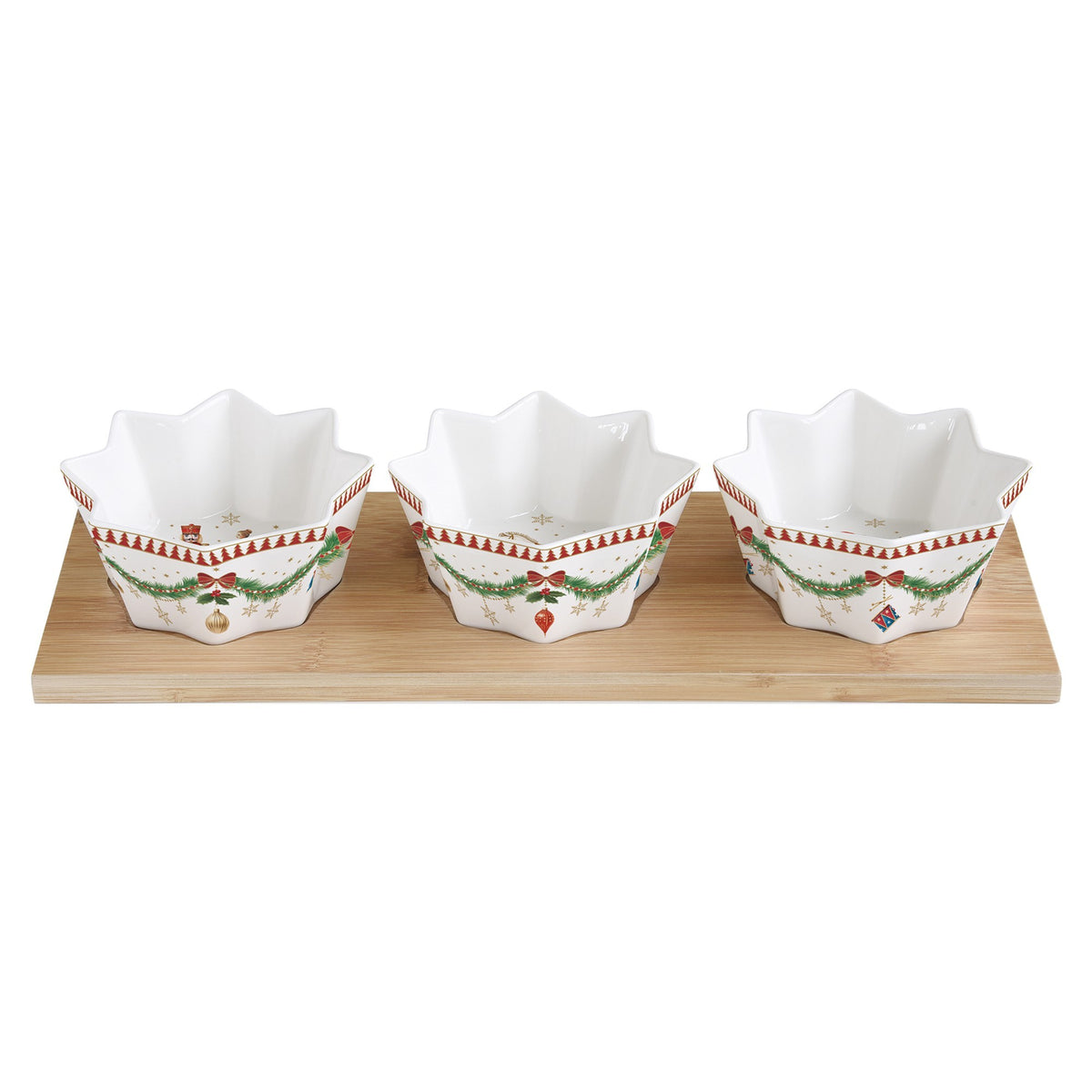 MAGIE DE NOEL UZKODU KOMPL. BAMBUSA PALIKTNIS 34X12CM, 3 PORCELĀNA  BĻODIŅAS