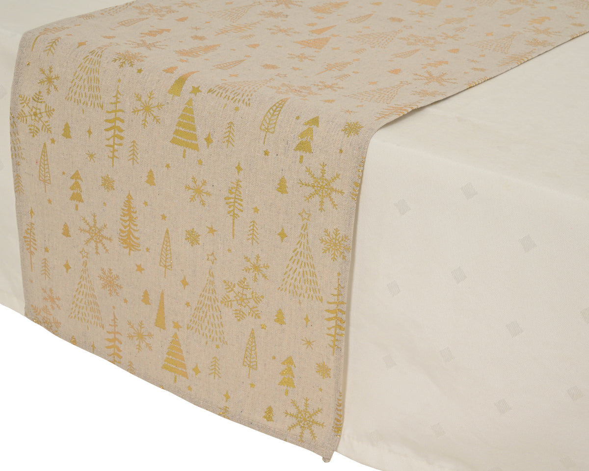 ZIEMASSVĒTKU GALDA CELIŅŠ 32X150 CM, 2 VEIDI, BĒŠS AR ZELTU, POLIESTERS