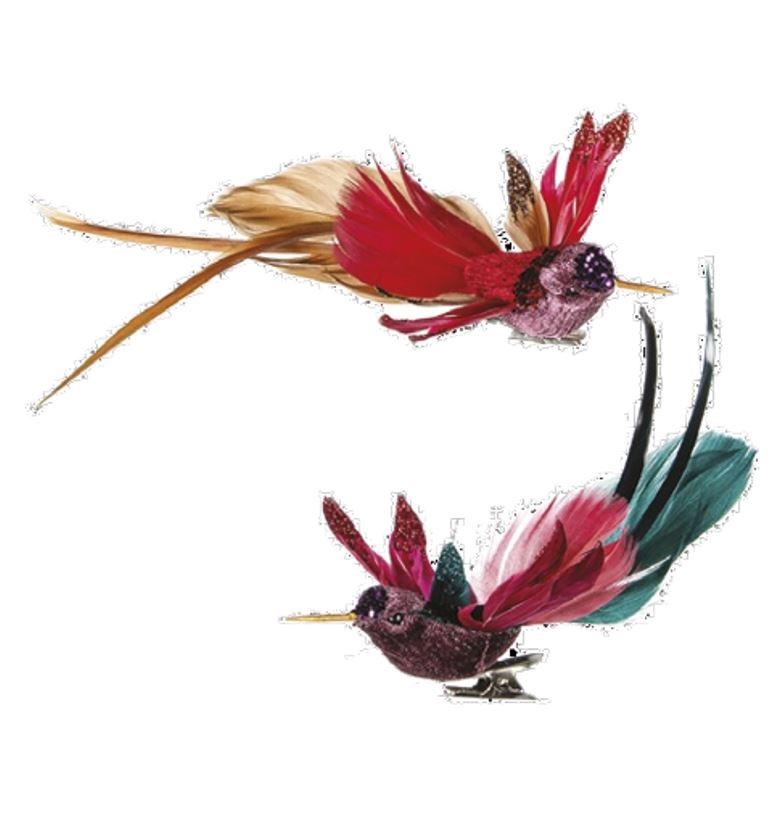 DEKORS - KOLIBRI 19CM 2 VEIDI, AR KLIPSI, SARKANS/ZAĻŠ, PUTUPLASTS, TEKSTILS, SPALVAS