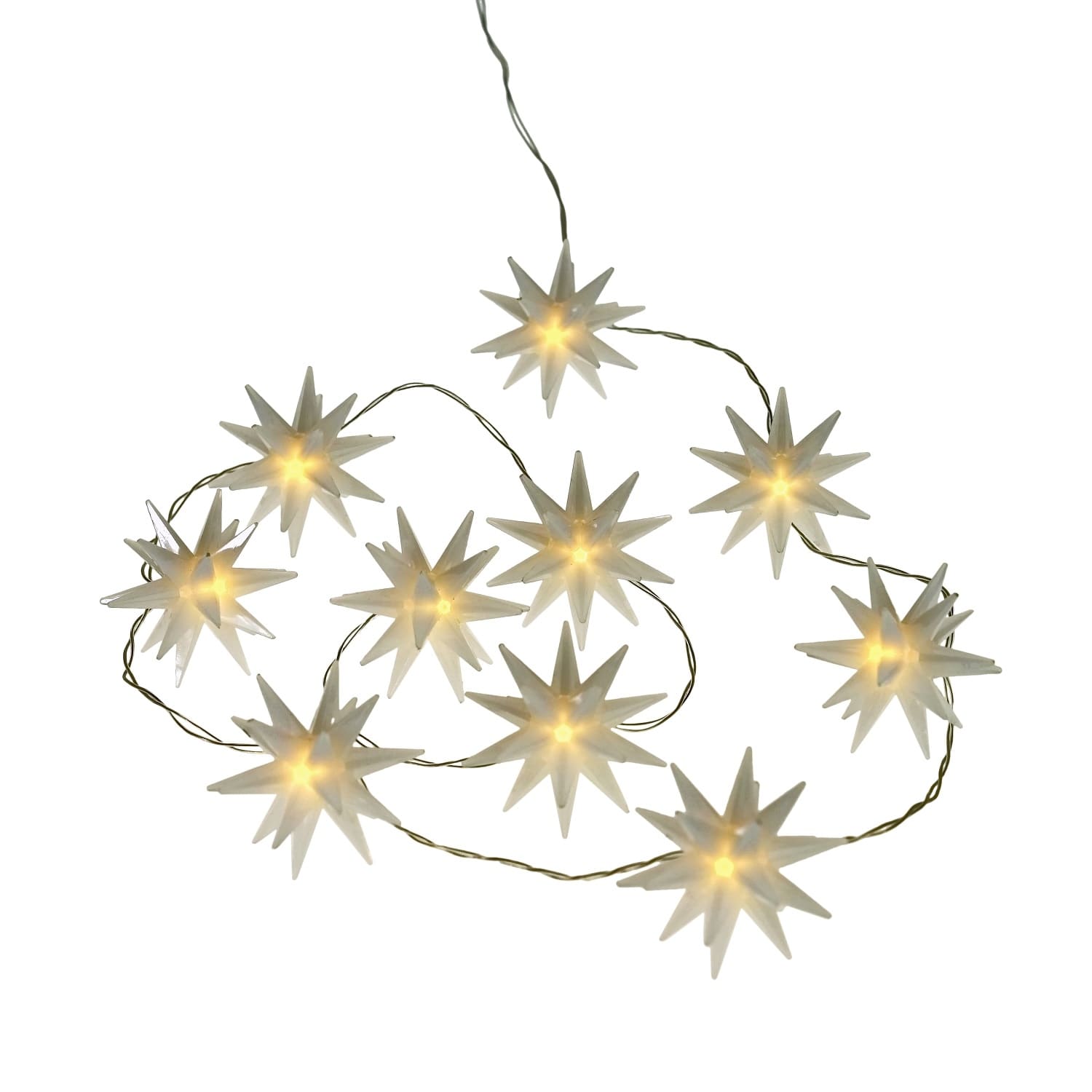 10 LED GAISMU VIRTENE-ZVAIGZNES 150CM, BALTA, 3xAA BAT. (nav iekļautas) VADS 30CM