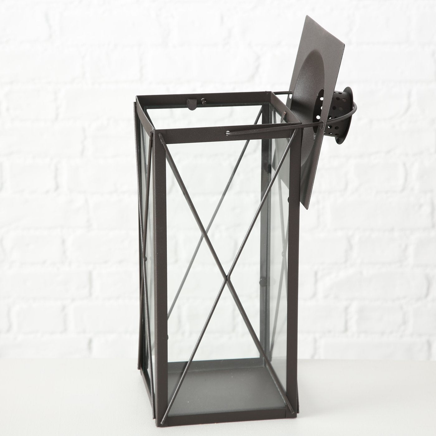 FAROL LATERNA SVECEI IEKŠTELPĀM H36CM, 17X17CM, BRŪNA, METĀLS/STIKLS