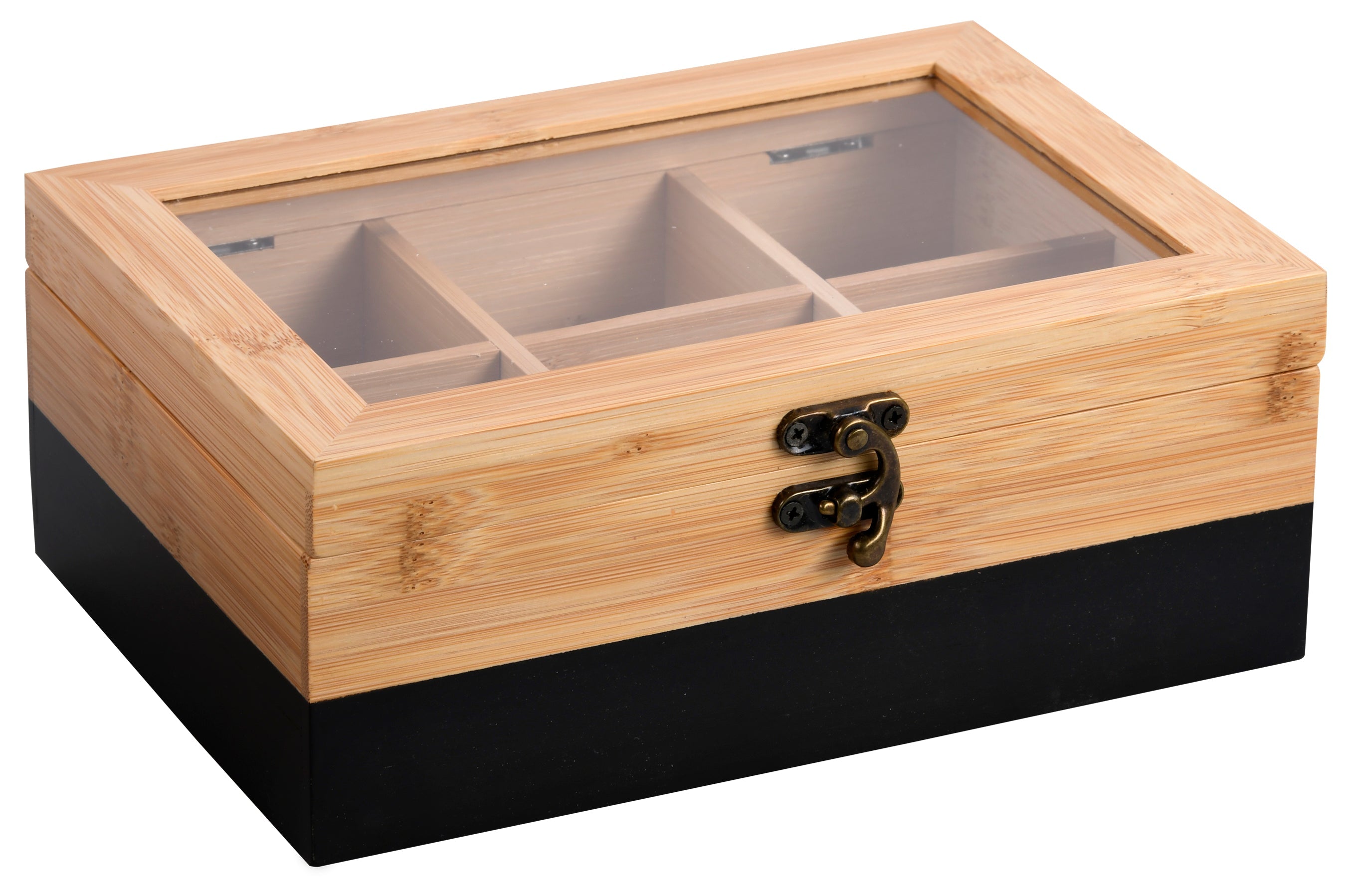 TĒJAS KASTE 21.5x15x8.5CM, 6 IEDAĻAS, AR MELNU MOTĪVU, BAMBUSS, FSC