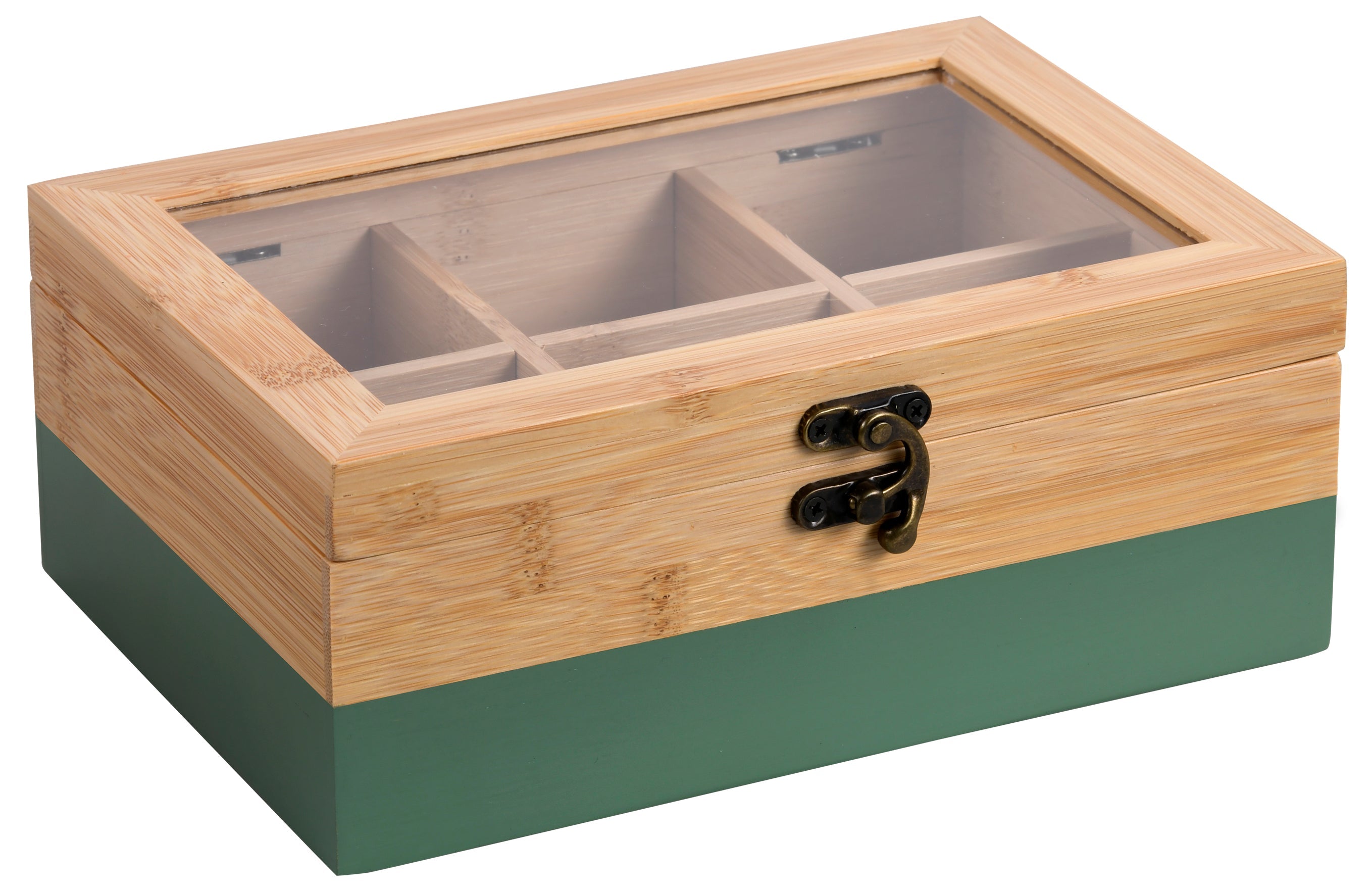 TĒJAS KASTE 21.5x15x8.5CM, 6 IEDAĻAS, AR ZAĻU MOTĪVU, BAMBUSS, FSC