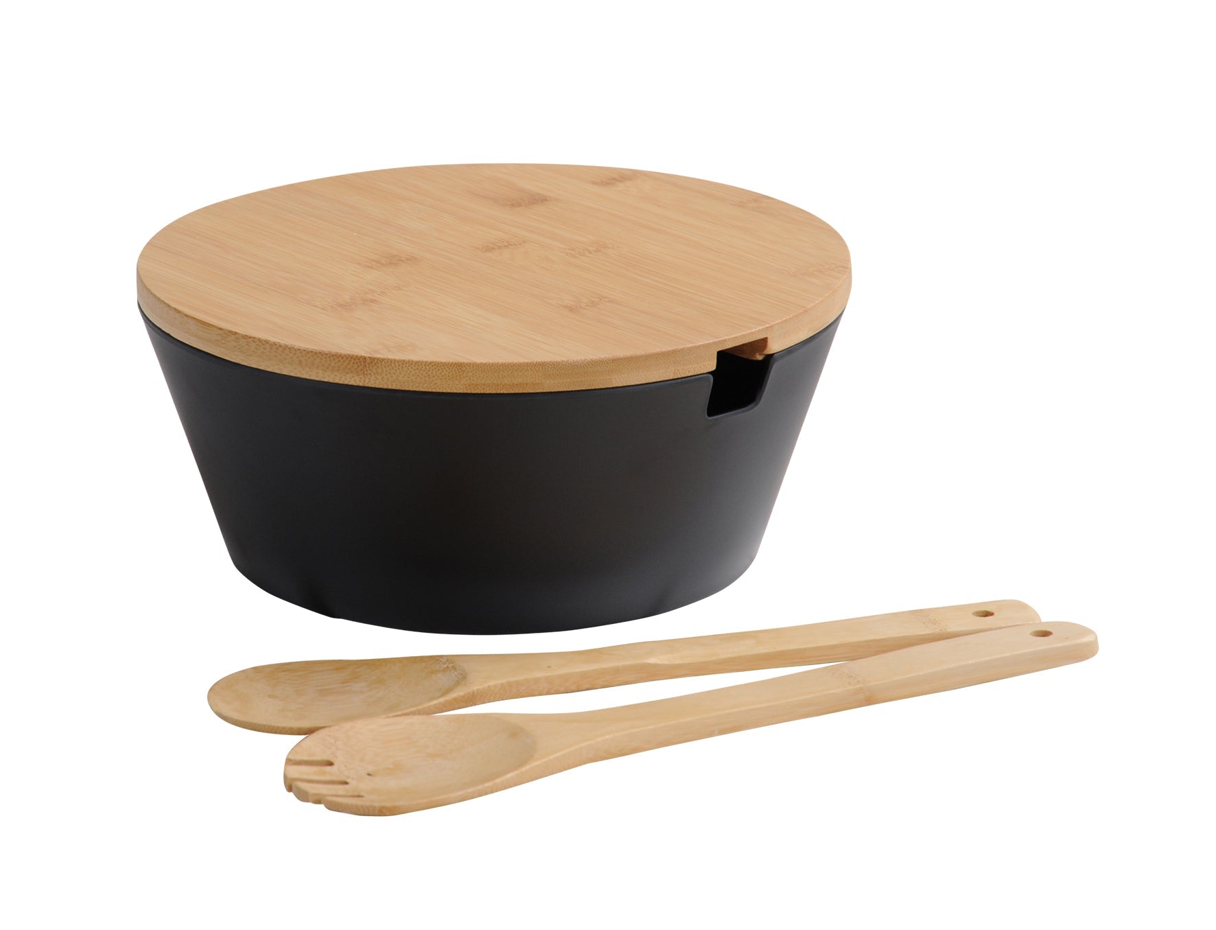 SALĀTU BĻODA AR VĀKU UN SALĀTU KAROTĒM D26CM, H11CM, MELNA, MELAMĪNS/BAMBUSS, FSC