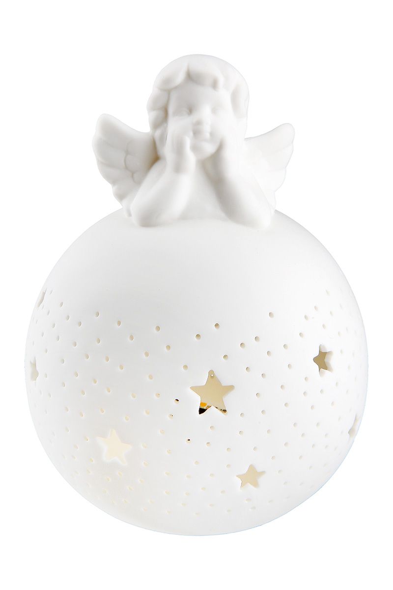 RAPHAEL DEKORS - LED BUMBA AR EŅĢELI H13CM/W14CM, BALTS, KERAMIKA