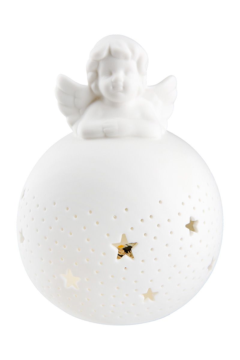 RAPHAEL DEKORS - LED BUMBA AR EŅĢELI H13CM/W14CM, BALTS, KERAMIKA