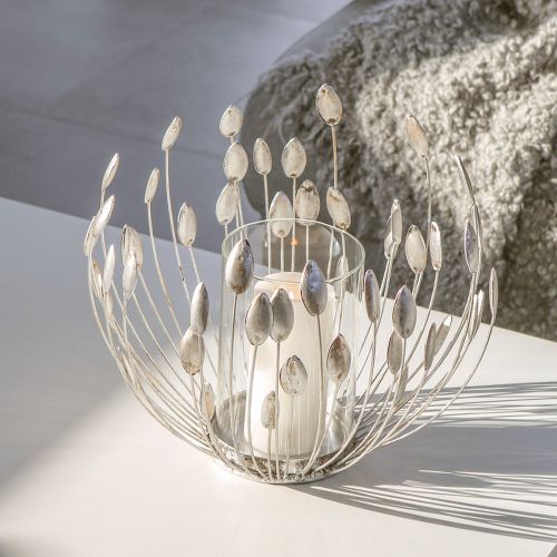 TREVI SVEČTURIS H27CM/D30CM, LAPU MOTĪVS, SUDRABA KR., METĀLS