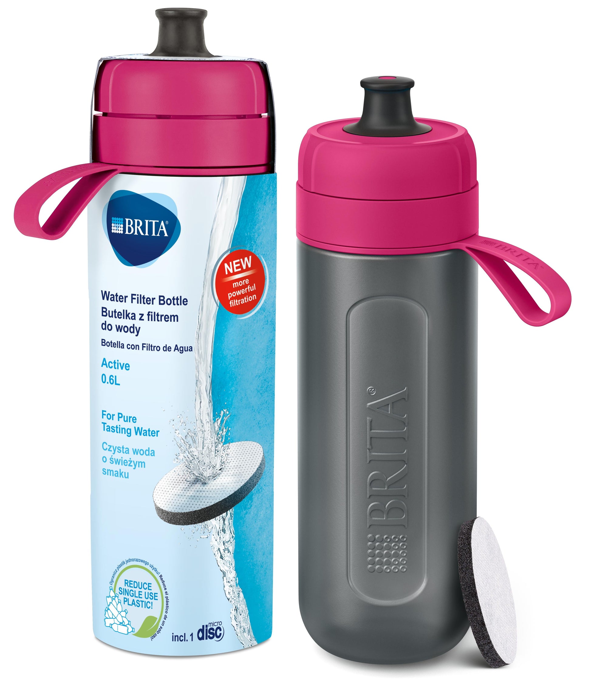 ACTIVE ŪDENS PUDELE AR FILTRU 600ML, MELNA AR ROZĀ VĀCIŅU**