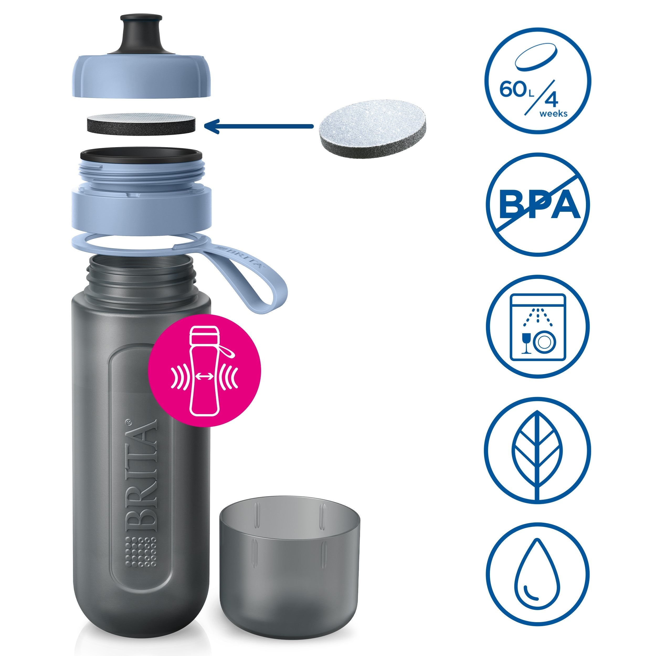 ACTIVE ŪDENS PUDELE AR FILTRU 600ML,  GAIŠI ZILA