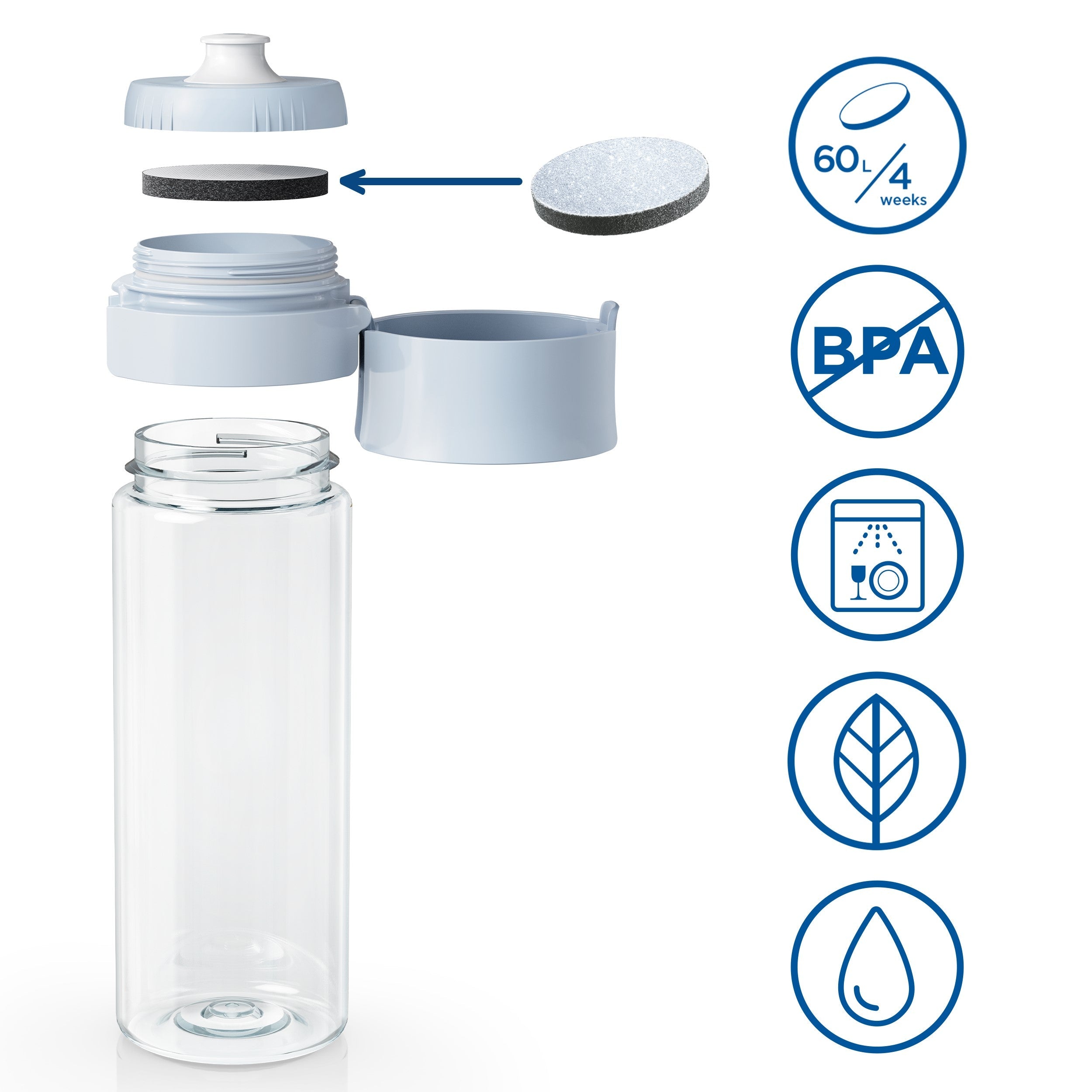 VITAL ŪDENS PUDELE AR FILTRU 600ML, GAIŠI ZILA