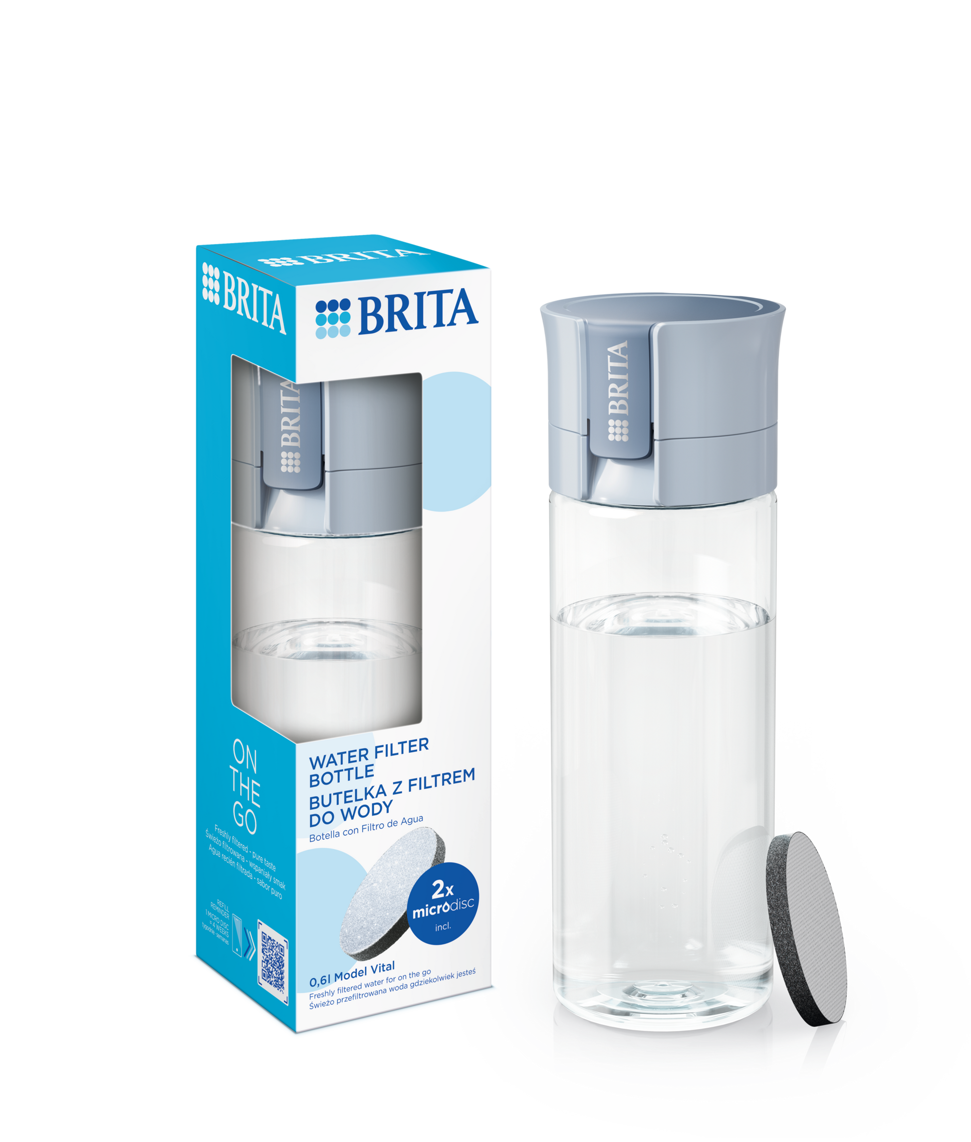 VITAL ŪDENS PUDELE AR FILTRU 600ML, GAIŠI ZILA