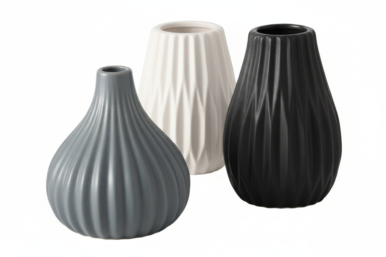 WILMA VĀZE H12CM 3 VEIDI, BALTA, MELNA, PELĒKA, PORCELĀNS