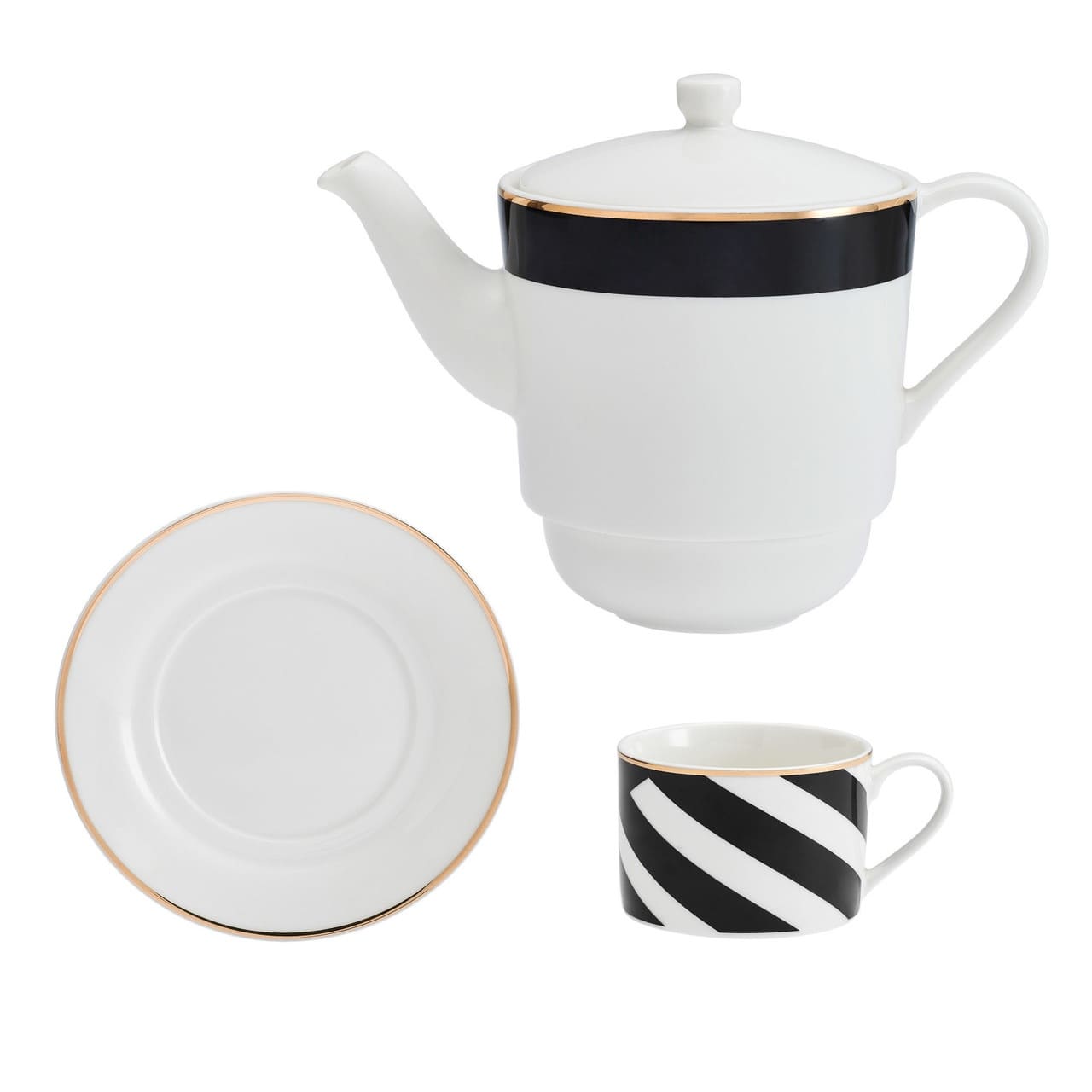 MIKASA LUXE DECO TĒJAS KOMPL.1 PERS. TĒJKANNA 500ML, TASE 250ML AR APAKŠTASI, BALTS/MELNS, PORCELĀNS