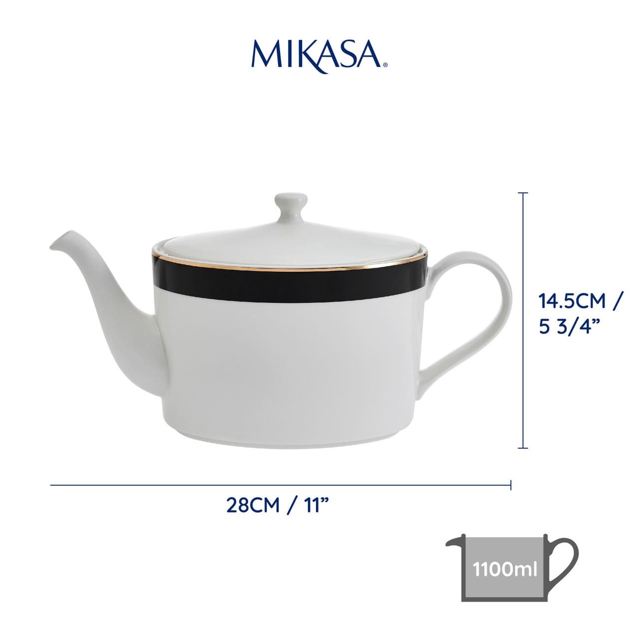 MIKASA LUXE DECO TĒJKANNA 1.1L, BALTS/MELNS, PORCELĀNS