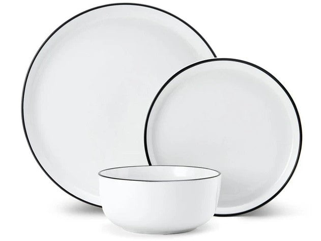 MIKASA LIMESTONE PUSDIENU SERVĪZE 4PERS, 12PR, BALTA AR MELNU MALU, PORCELĀNS