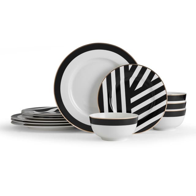 MIKASA LUXE DECO PUSDIENU SERVĪZE 4PERS., 12PIED., BALTS/MELNS, PORCELĀNS