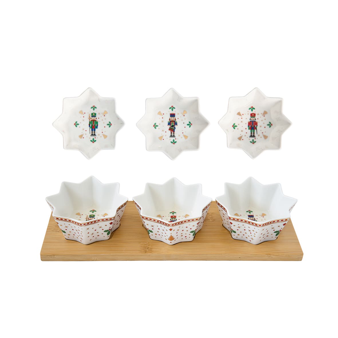 NUTCRACKER UZKODU KOMPL. BAMBUSA PALIKTNIS 34X12CM, 3 PORCELĀNA  BĻODIŅAS