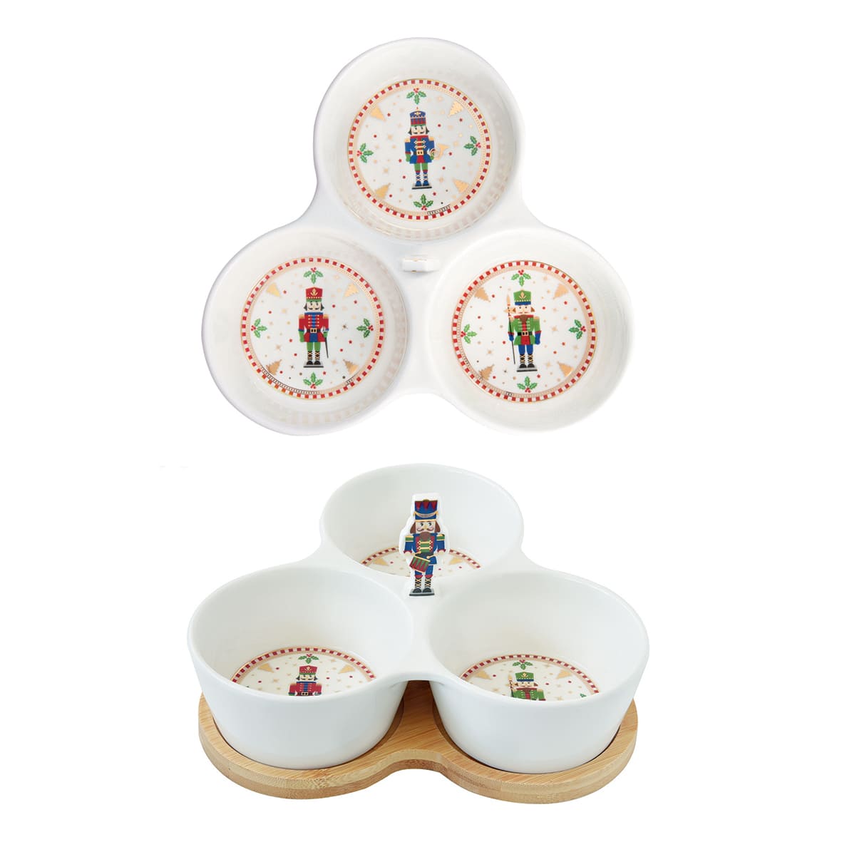 NUTCRACKER UZKODU KOMPL. BAMBUSA PALIKTNIS 20,5X17 CM, 3 PORCELĀNA  BĻODIŅAS