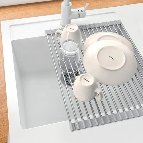 PURO DISH DRYER FOR SINK 43x34CM, FOLDABLE, STAINLESS STEEL/SILICONE