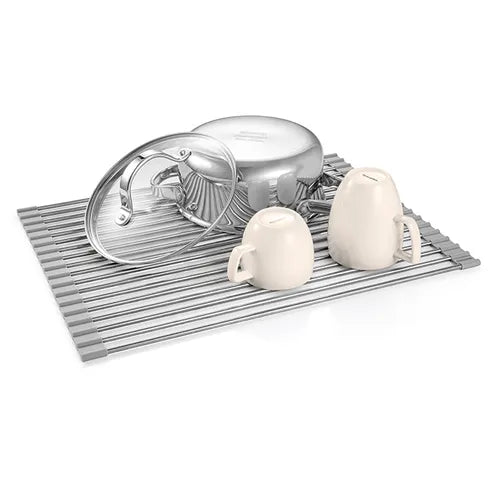 PURO DISH DRYER FOR SINK 43x34CM, FOLDABLE, STAINLESS STEEL/SILICONE