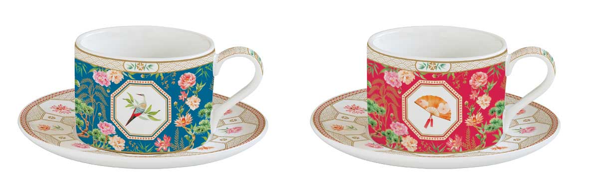 JARDINS D'ORIENT TASES 240ML AR APAKŠTASI, KOMPL. 2GAB, PORCELĀNS, DĀVANU KASTĒ