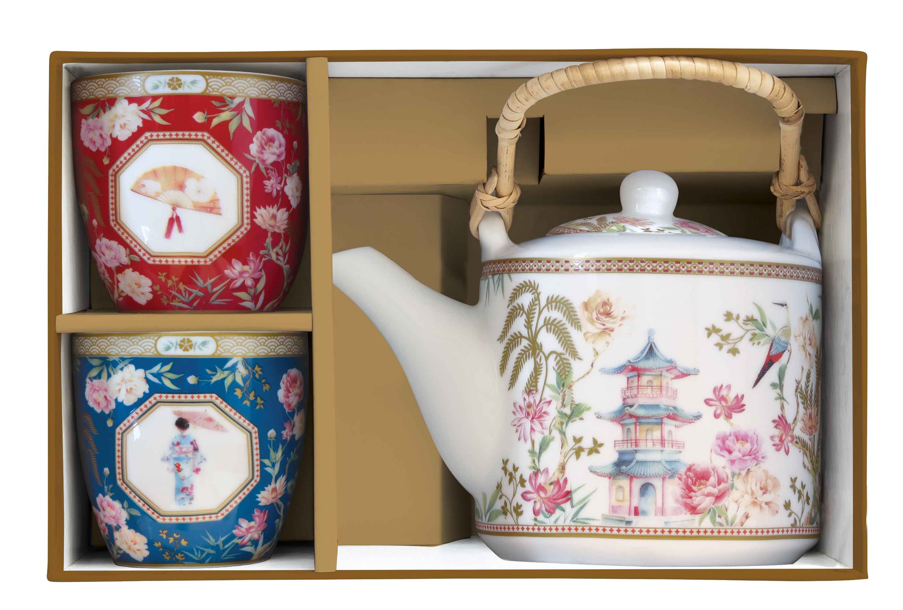 JARDINS D'ORIENT TĒJAS KOMPL. TĒJKANNA 600ML AR SIETIŅU, TASES 160ML 2GAB, PORCELĀNS, DĀVANU KASTĒ