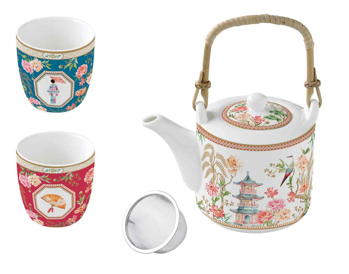 JARDINS D'ORIENT TĒJAS KOMPL. TĒJKANNA 600ML AR SIETIŅU, TASES 160ML 2GAB, PORCELĀNS, DĀVANU KASTĒ