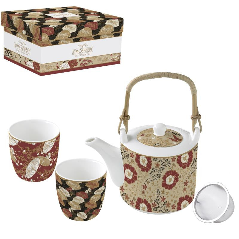 KIMONO KOMPL. TĒJKANNA AR SIETIŅU 600ML KRŪZES 160ML 2GAB., PORCELĀNS. DĀVANU KASTĒ
