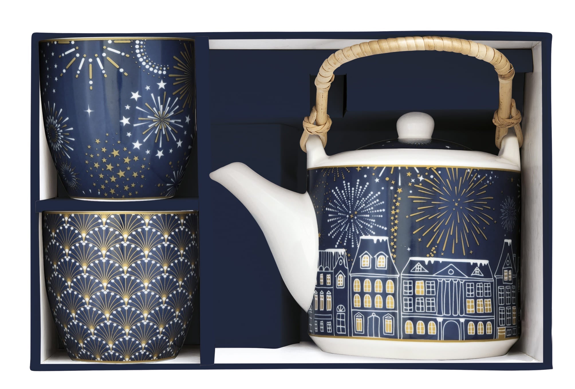 MIDNIGHT KOMPL. TĒJKANNA 600ML, AR SIETIŅU, TASES 160ML 2GAB, PORCELĀNS, DĀVANU KASTĒ