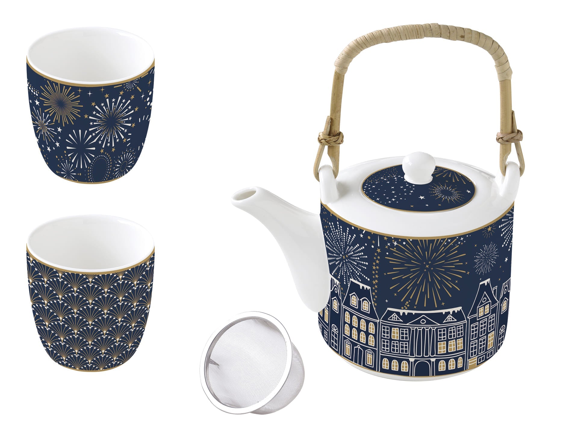 MIDNIGHT KOMPL. TĒJKANNA 600ML, AR SIETIŅU, TASES 160ML 2GAB, PORCELĀNS, DĀVANU KASTĒ