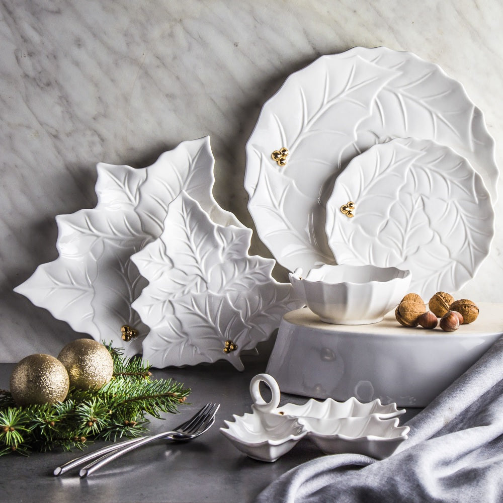 HOLLY&BERRIES BALTS DESERTA ŠĶĪVIS LAPA 20CM, PORCELĀNS