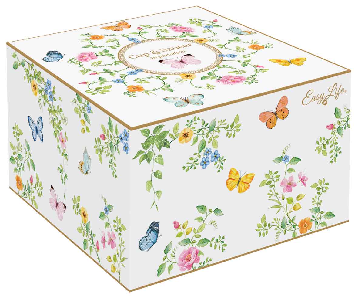DANCING BUTTERFLIES TASE 240ML, AR APAKŠTASI, BALTA, PORCELĀNS, DĀVANU KASTĒ