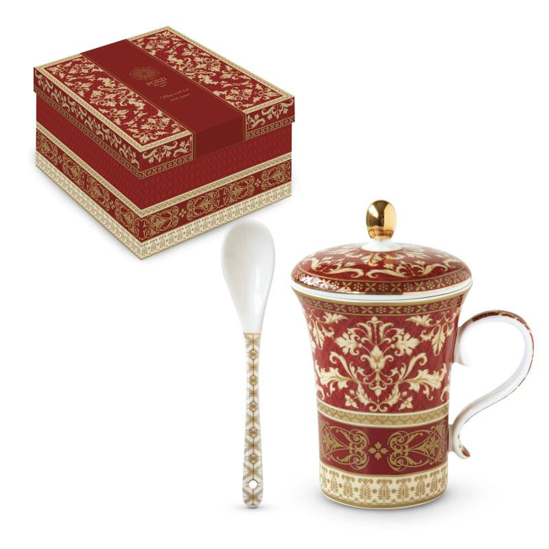 BAROQUE KRŪZE 300ML, AR SIETIŅU, KAROTĪTI UN VĀCIŅU, BĒŠS/SARKANS AR ZELTA DETAĻĀM, PORCELĀNS