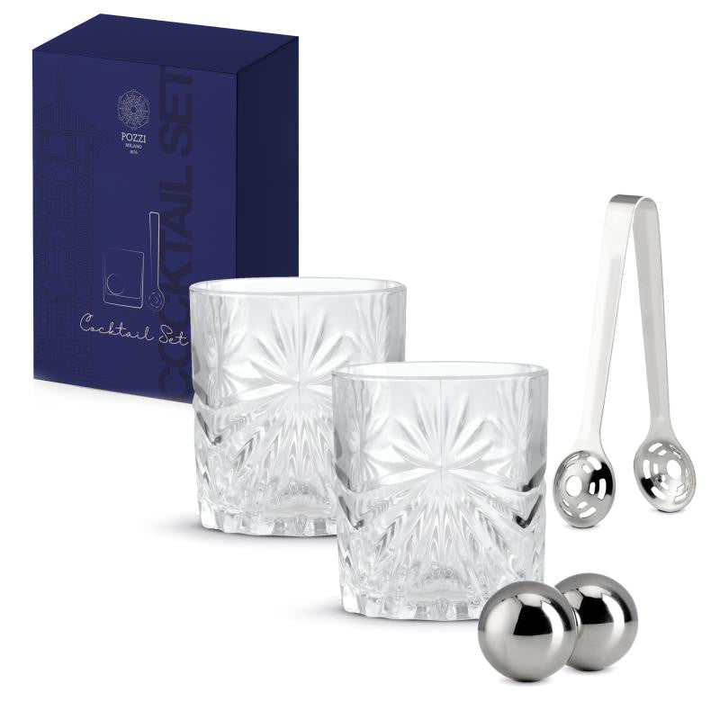 SILVER NIGHTS KOKTEIĻU KOMPL. VISKIJA GLĀZES 2GAB, LEDUS BUMBIŅAS 2GAB, LEDUS STANDZIŅAS, KRISTALĪNS/NER.TĒR.