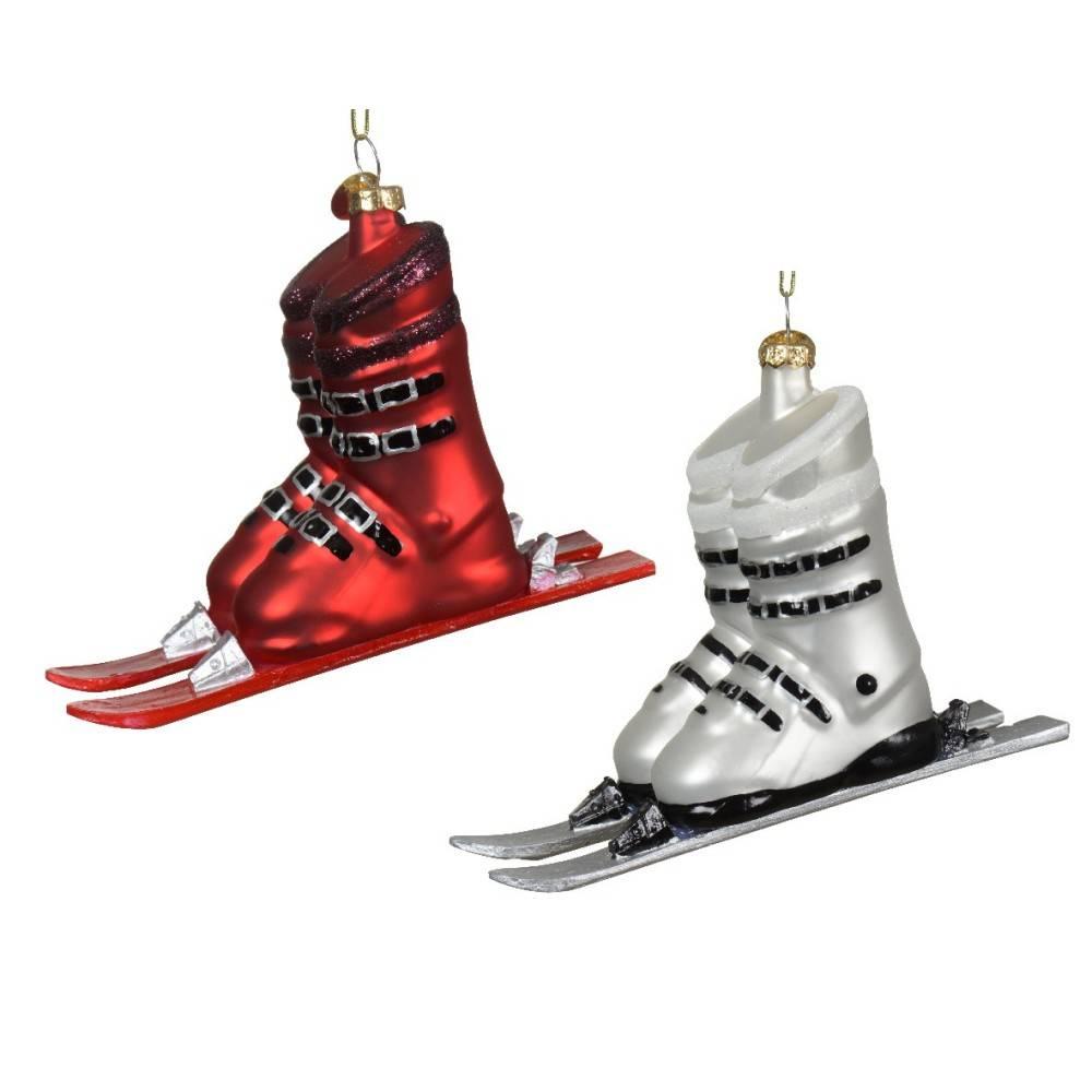 FIR TREE DECORATION - SKIS 5.4X12.6X9.2CM 2 TYPES, RED/WHITE, GLASS