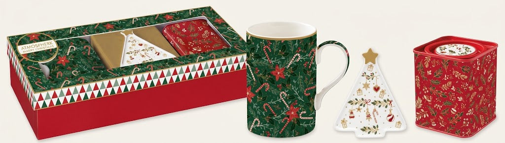 FANCY CHRISTMAS KOMPL., KRŪZE, TĒJAS KASTE, PALIKTNIS, PORCELĀNS, DĀVANU KASTĒ