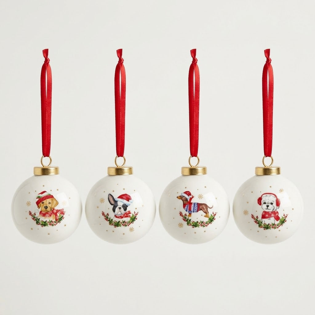 CHRISTMAS DOGS EGLĪŠU ROTĀJUMS - BUMBA AR DEKORU 7 CM, 4 VEIDI, PORCELĀNS