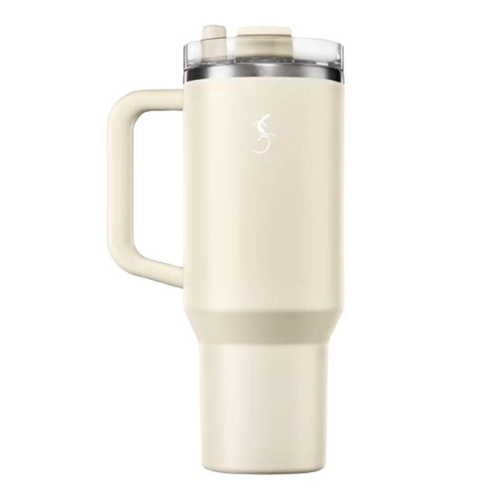 Bēša termokrūze ar rokturi un vāku – izolēta krūze dzērieniem līdzņemšanai un ilgākai siltuma saglabāšanai