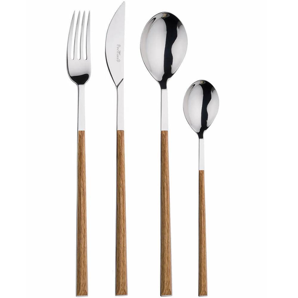 Nerūsējošā tērauda galda piederumu komplekts ar koka rokturiem – dakša, nazis, ēdamkarote un tējkarote uz balta fona