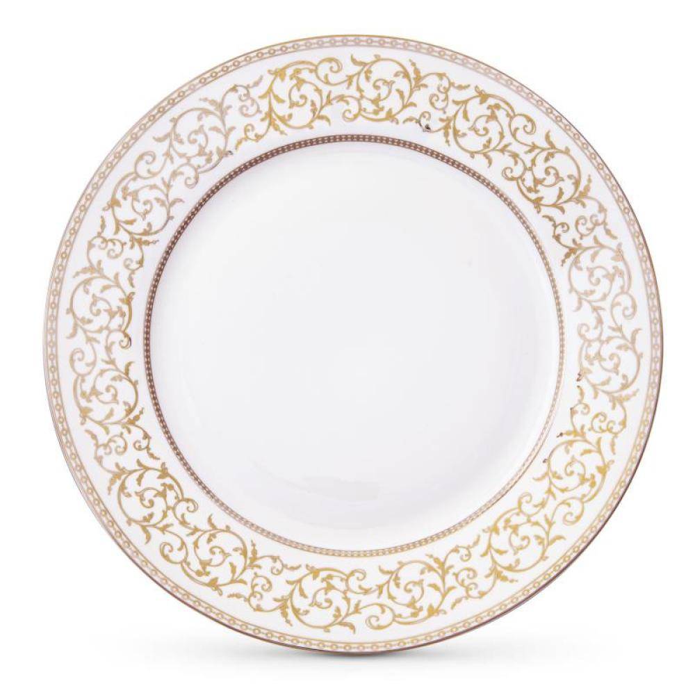Balts porcelāna šķīvis ar zelta ornamentu, elegants servēšanas un pusdienu šķīvis galda klāšanai