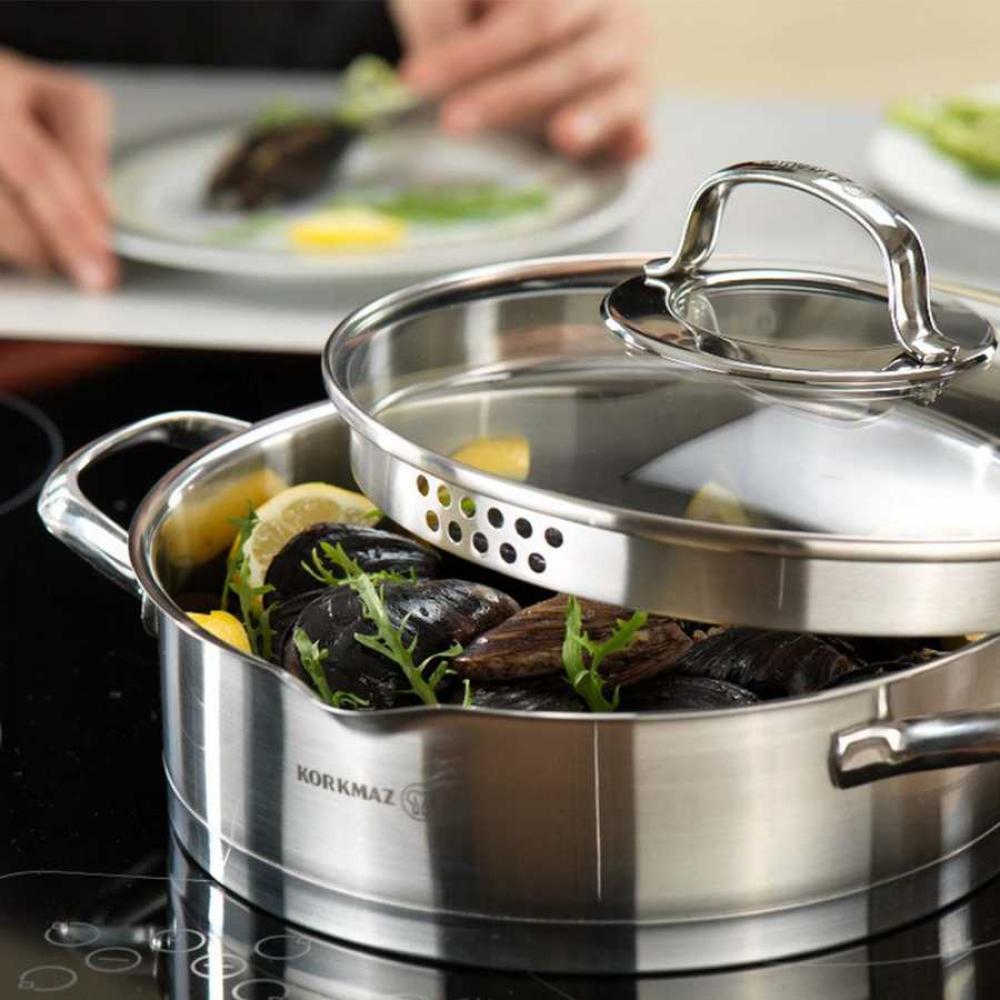 STEAMA КАСТРЮЛЯ 20CM, 3L, С КРЫШКОЙ, НЕРЖ.СТ., ИНДУКЦИОННАЯ, Korkmaz