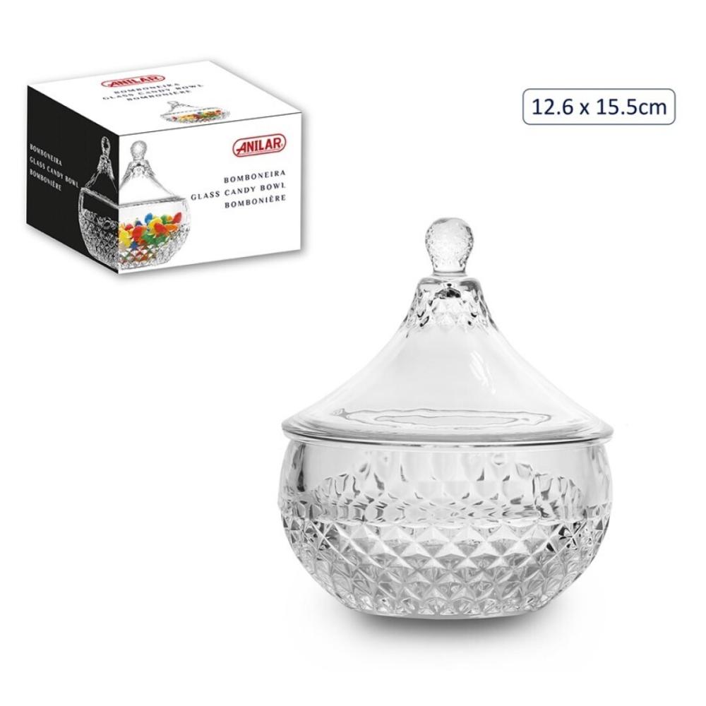 CANDY BOWL 12.6X15.5CM, WITH COVER, GLASS, Anitex